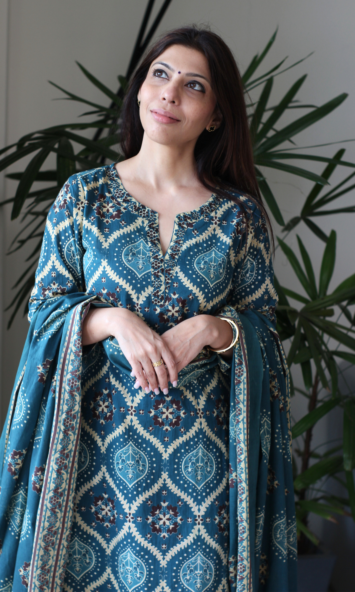 Teal Royale Ajrakh Print Cotton Kurta, Dupatta & Plain Pants