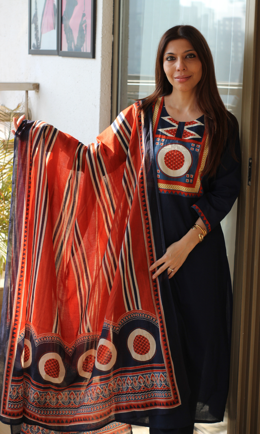 Cotton Navy Blue Motif Neck Kurta, Pant & Printed Dupatta