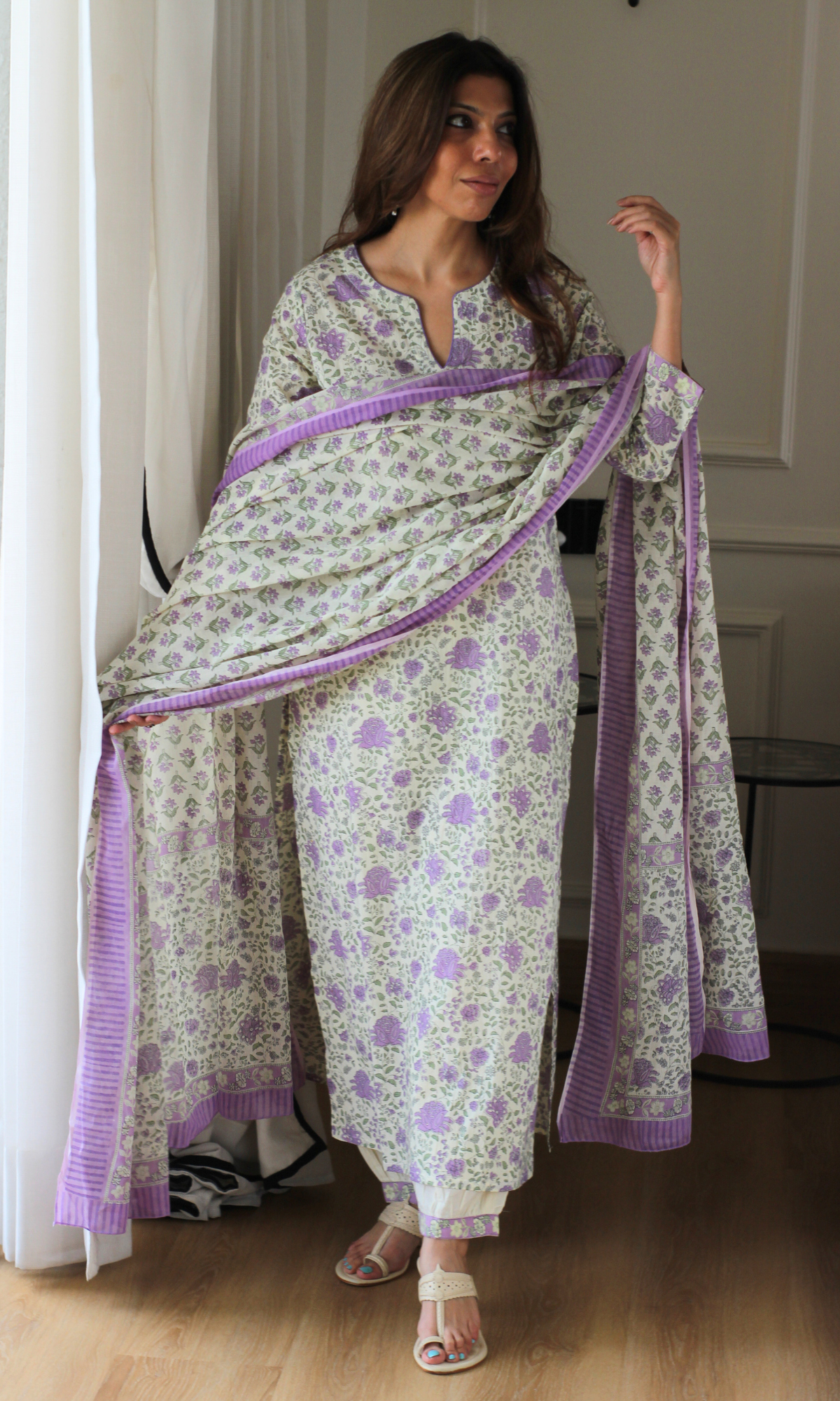 Lavender Garden Block Print Cotton Kurta, Afghani Pant and Mul Printed Dupatta