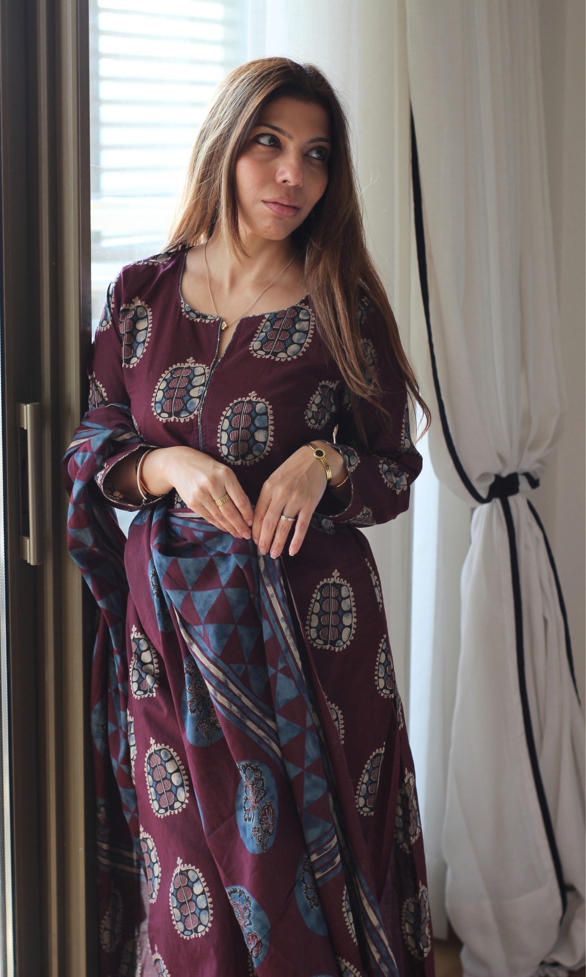 Mahogany Medallion Block Print Cotton Kurta,Dupatta & Pants