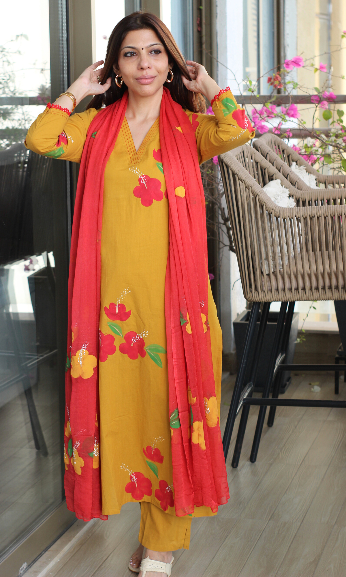 Yellow & Red Handbrush Painted Kurta, Chiffon Handpainted Dupatta & Cotton Pants