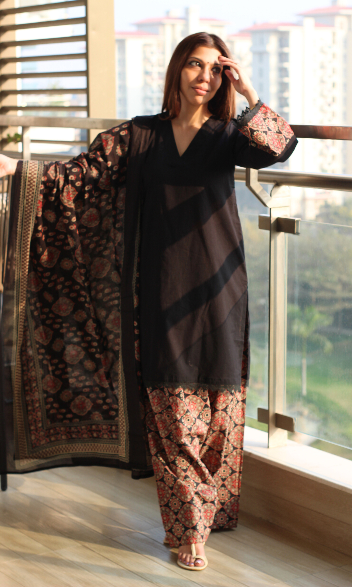 Cotton Black Kurta , Ajrakh Farshi Salwaar with Cotton Printed Dupatta