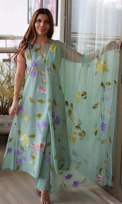 Cotton Mint Blossom Handpainted A line Sleeveless Kurta, Chiffon Handpainted Dupatta & Cotton Pants