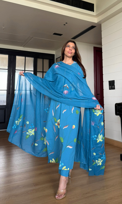 Nile Blue Handbrush Painted Kurta, Cotton Pants & Handpainted Dupatta