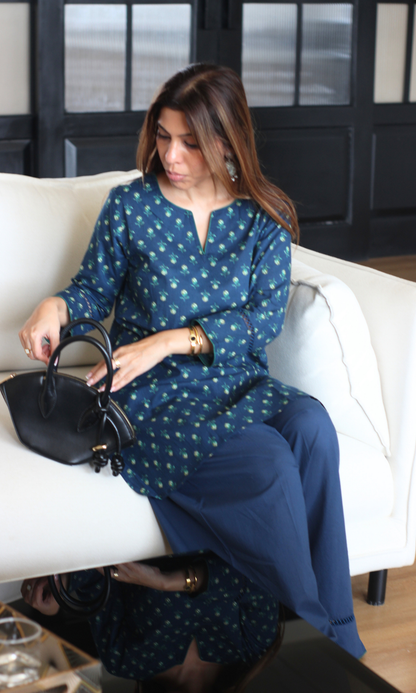 Deep Blue booti Print Kurta & Farshi Salwaar