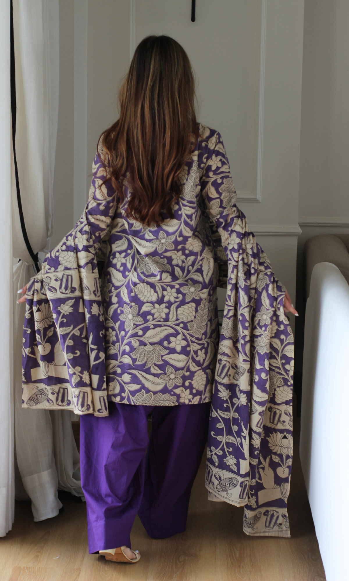 Orchid Kalamkari Kurta,Dupatta & Cotton Farshi Salwaar