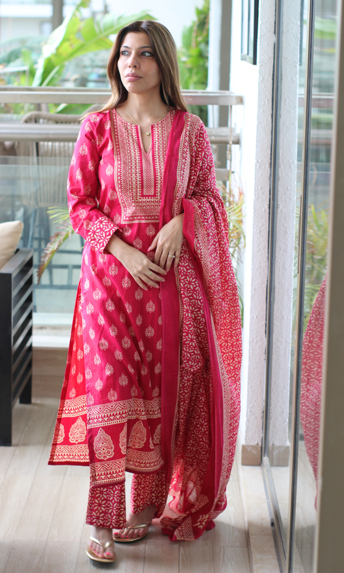 Red-Pink Motif Printed Cotton Kurta, Pant and Mul Printed Dupatta