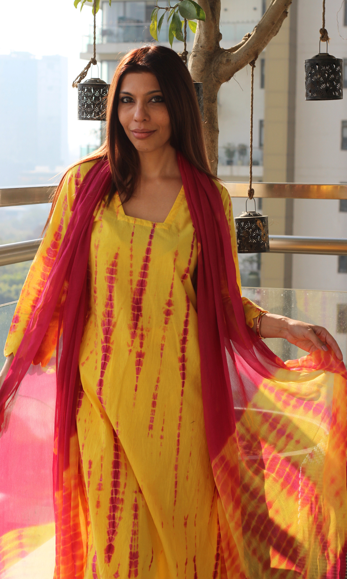 Cotton Yellow & Pink Tie & Dye Kurta, Pants & Chiffon Dupatta
