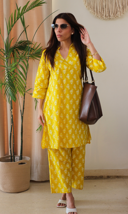Cotton Yellow Booti Print Collared Neck Co-ord