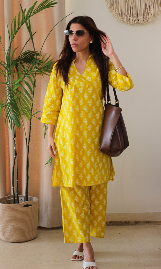 Cotton Yellow Booti Print Collared Neck Co-ord