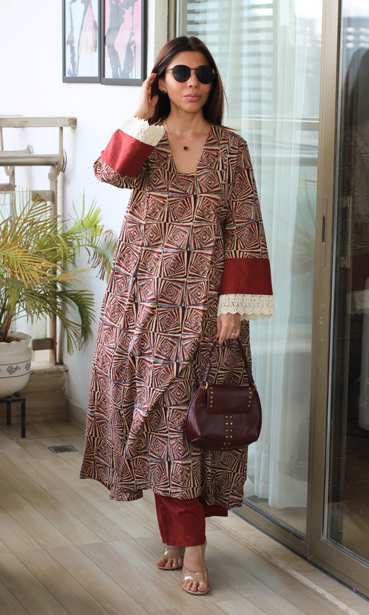 Rust Brown Geo Block High Low Kurta with Cotton Pants