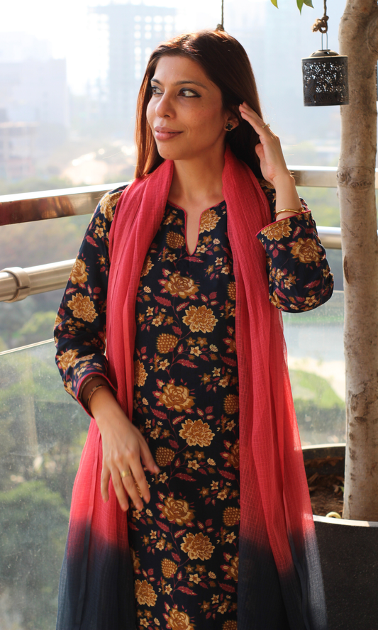 Mehfil Midnight & Pink Block Printed Cotton Kurta, Pant & Ombré Kota Doria Dupatta