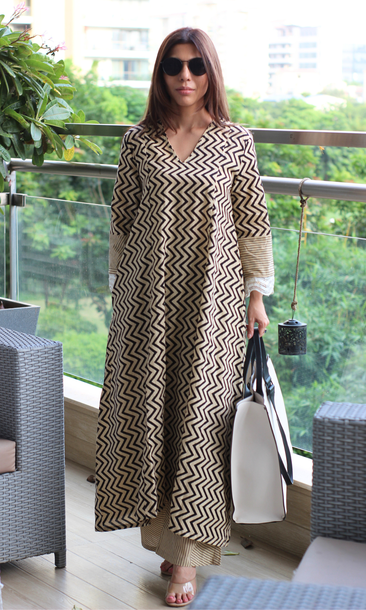 Cotton Handblock Black Zig Zest High Low Kurta & Pallazo