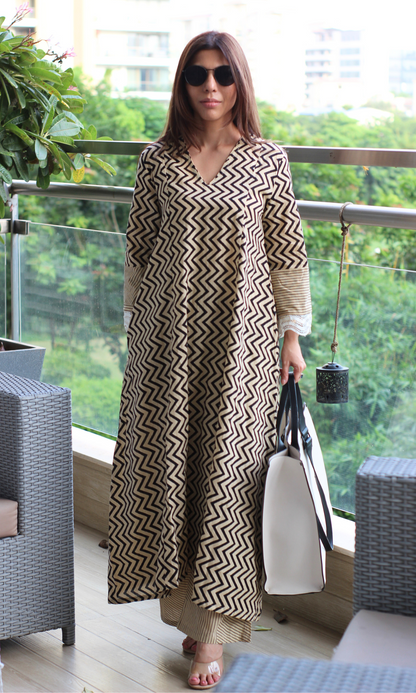 Cotton Handblock Black Zig Zest High Low Kurta & Pallazo
