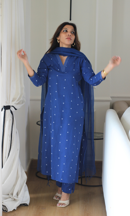 Persian blue Handloom Cotton Dobby Kurta, Pant & Kota Doria Dupatta