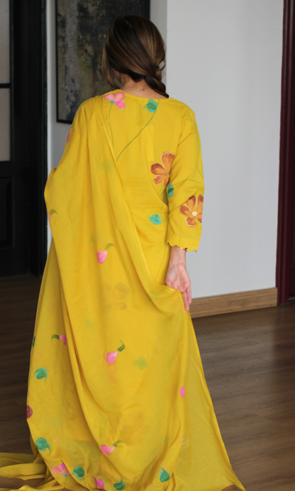 Genda Phool Cotton Handbrush Painted Kurta, Dupatta & Cotton Pants