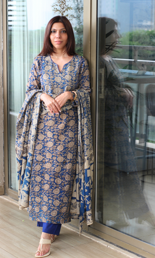 Cotton Neel Handblock Kalamkari Print Kurta, Dupatta & Cotton Pants