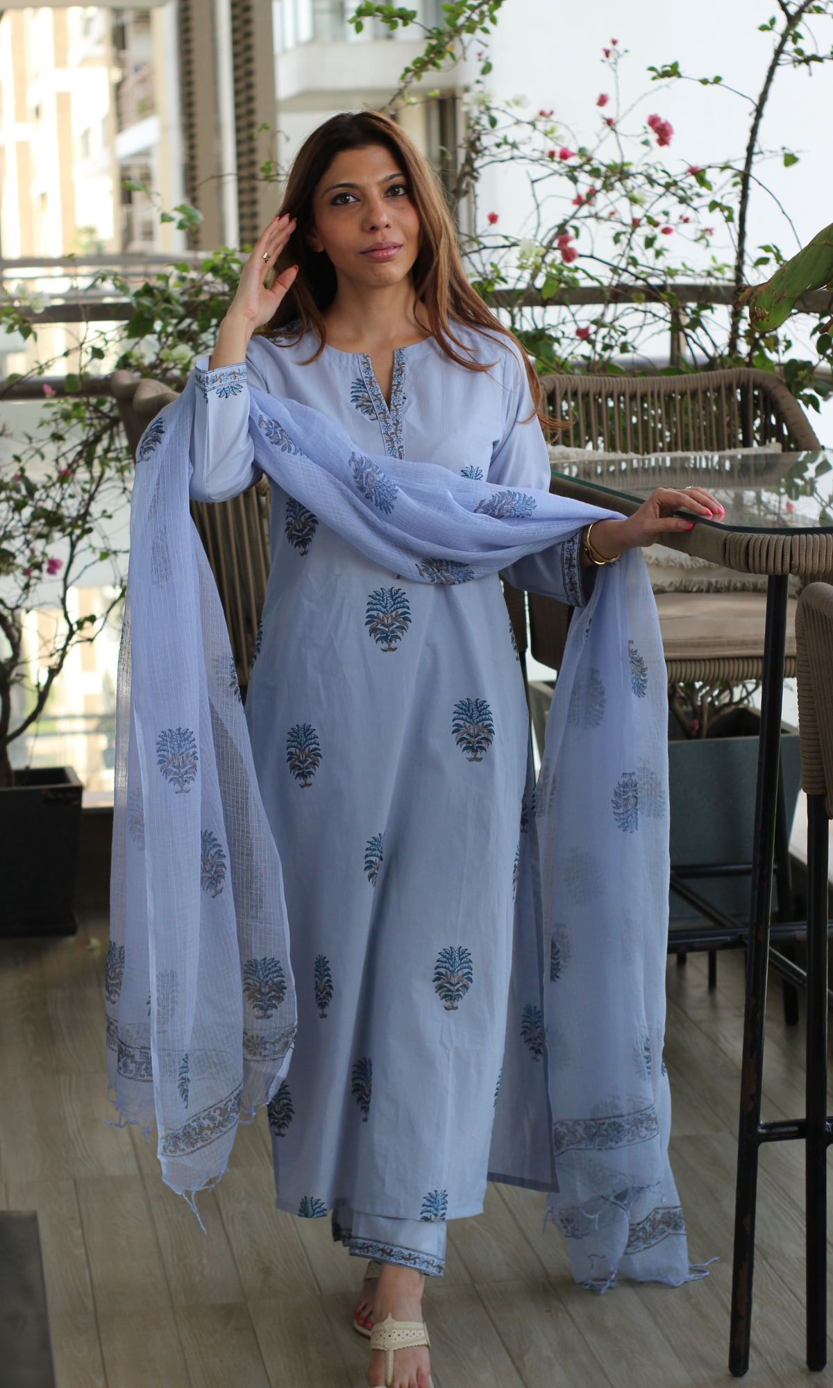 Iris Mist Cotton Mughal Print Kurta, Pant & Kota Doria Handblock Print Dupatta