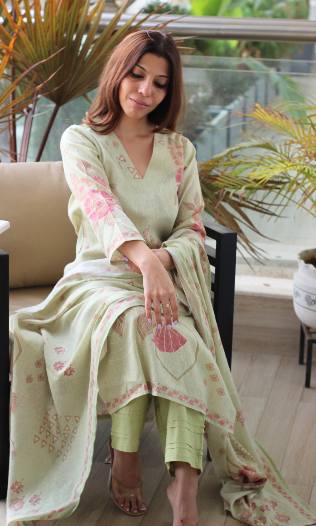 Mint Sand Linen Blend Printed Kurta, Dupatta & Cotton Pants