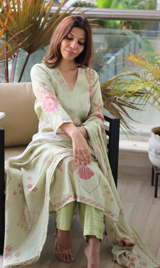 Mint Sand Linen Blend Printed Kurta, Dupatta & Cotton Pants