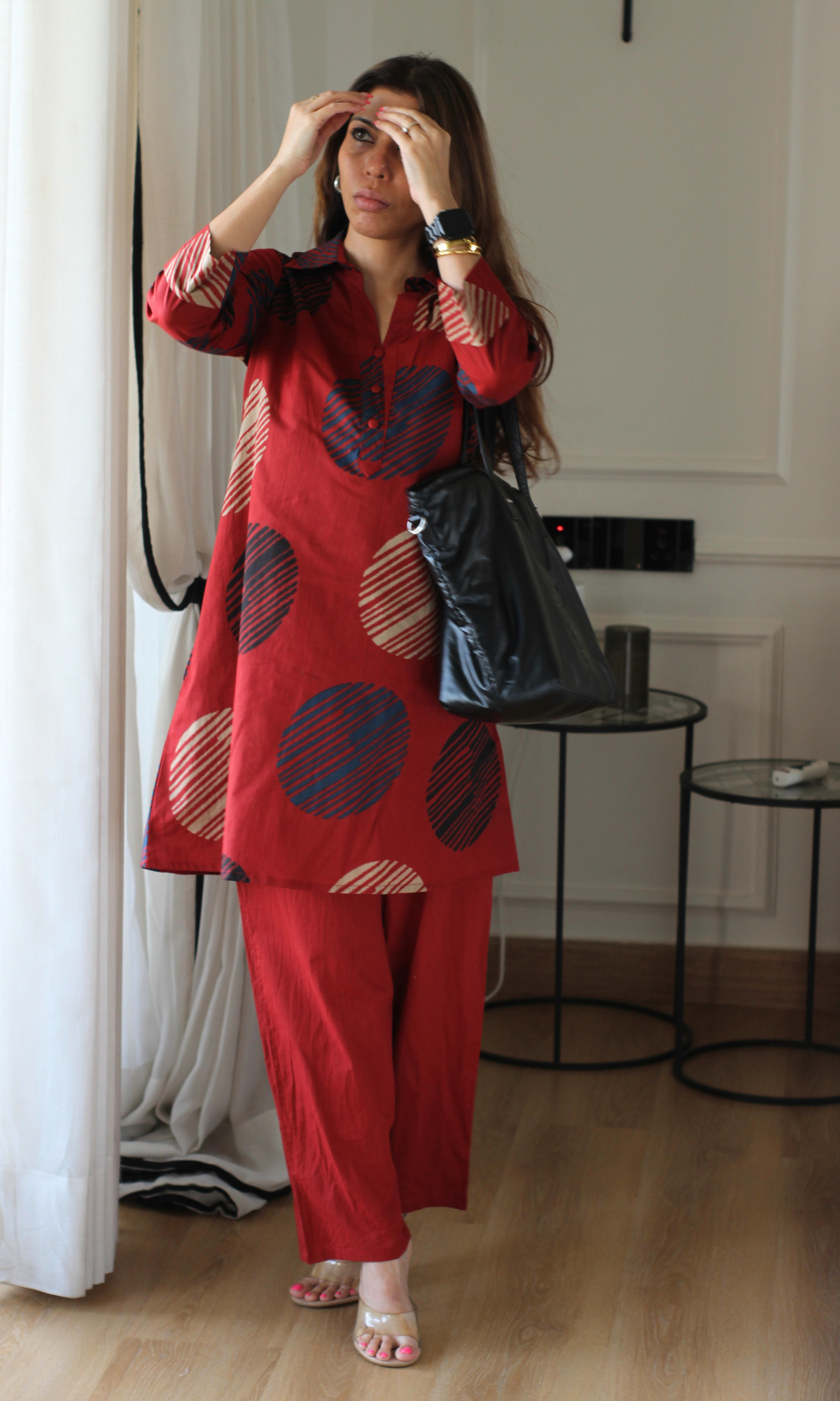Cotton Red Circle Abstract Collared Coord