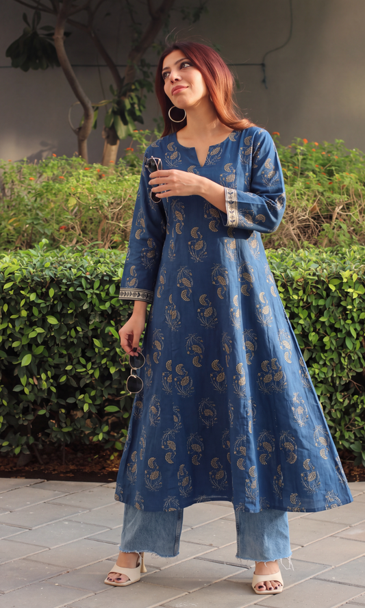 Earthy Blue Mughal Print Kali Kurta