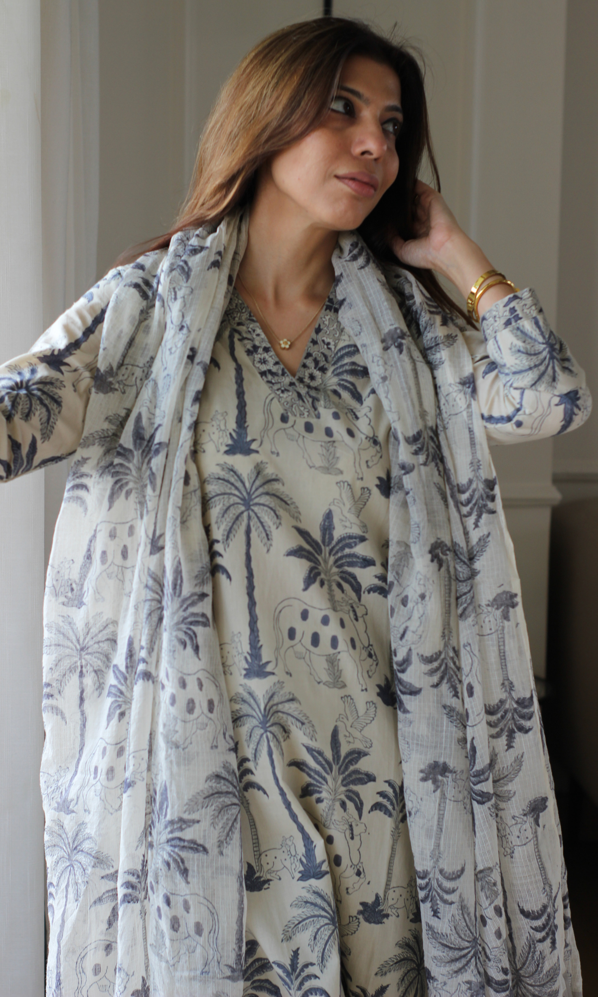 Neelika Palm Handblock Print  Kurta, Cotton Pant and Kota Doria Printed Dupatta