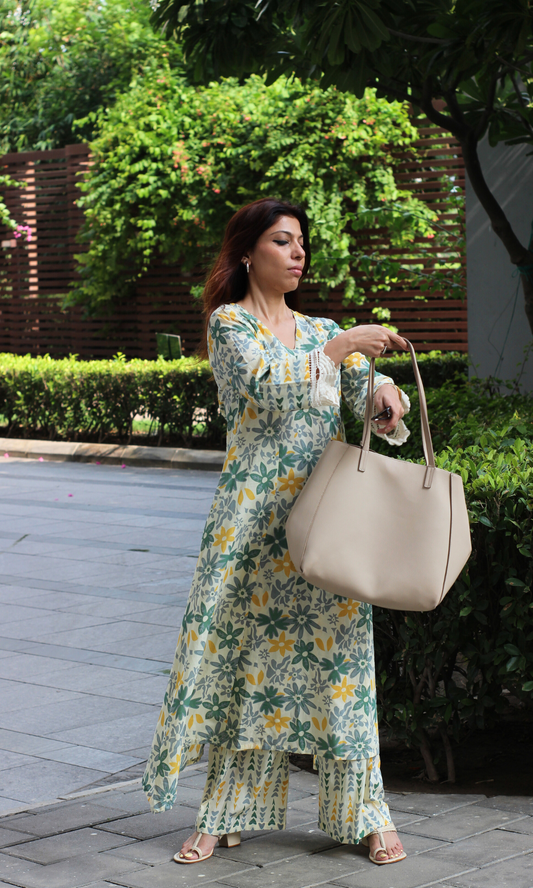 Cotton Beige & Green Floral Haze Printed High Low Kurta & Pant