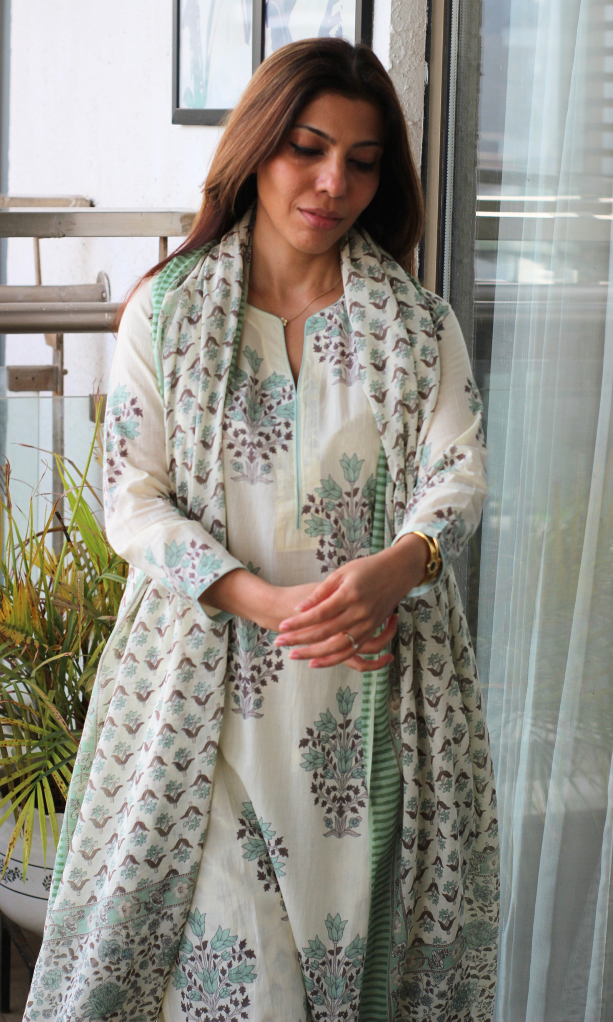 Jade Petal Mughal Print Cotton Kurta, Afghani Pant and Mul Printed Dupatta