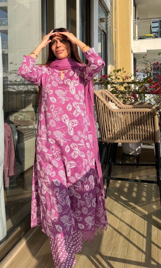 Cotton Mulberry Petal Print Kurta, Pant & Kota Doria Dupatta