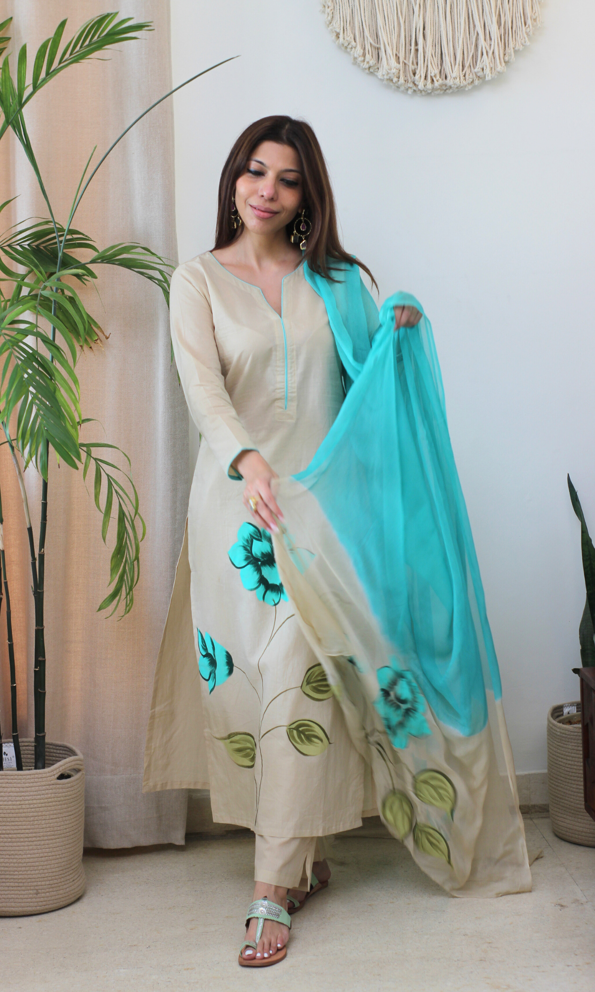 Beige & Sea Green Symphony Handbrush Painted Kurta, Cotton Pants & Chiffon Ombre Handpainted Dupatta