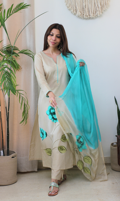 Beige & Sea Green Symphony Handbrush Painted Kurta, Cotton Pants & Chiffon Ombre Handpainted Dupatta