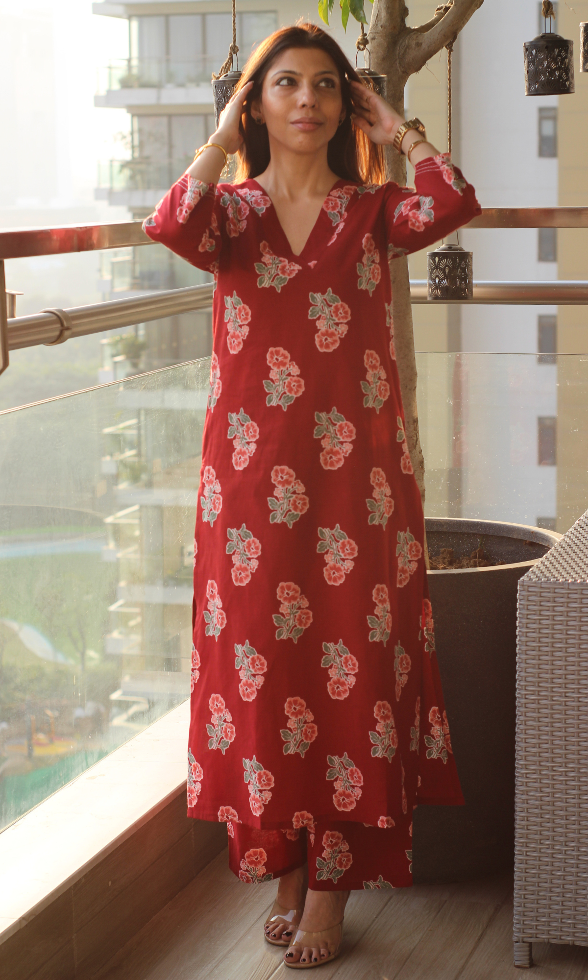 Poppy Red Flower Block Print Kurta & Pant