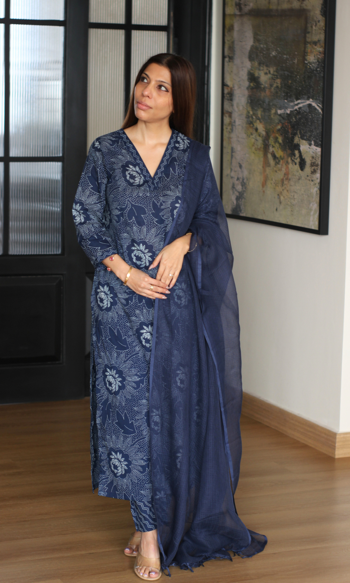 Cotton Navy Freckled Flower Printed Kurta, Pant & Kota Dupatta