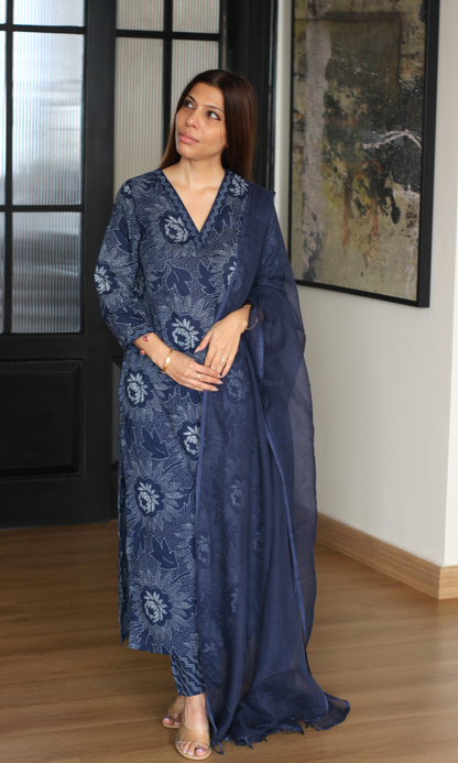Cotton Navy Freckled Flower Printed Kurta, Pant & Kota Dupatta