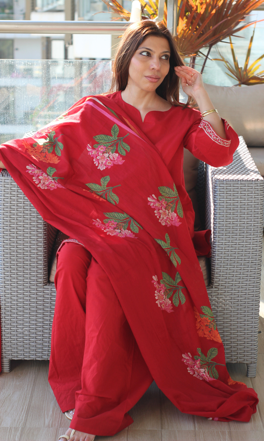 Cotton Red Heena Kurta, Farshi Salwaar & Printed Mul Dupatta