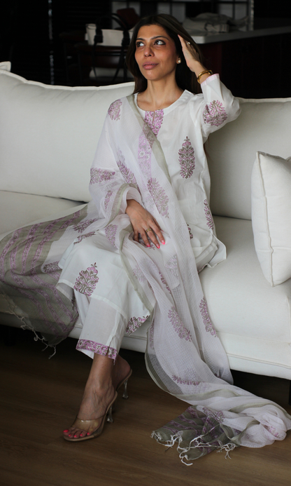 Suhaani Mughal Pearl Cotton Kurta , Pant & Kota Doria Handblock Print Dupatta
