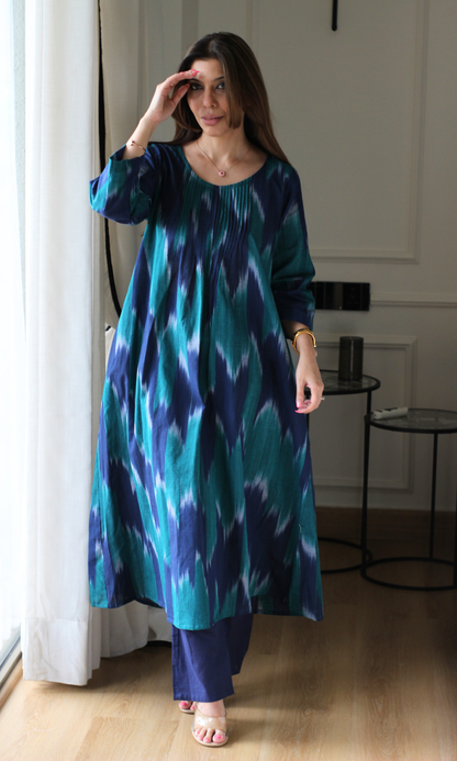 Peacock Cotton Ikat Pleated Kurta & Cotton Pant