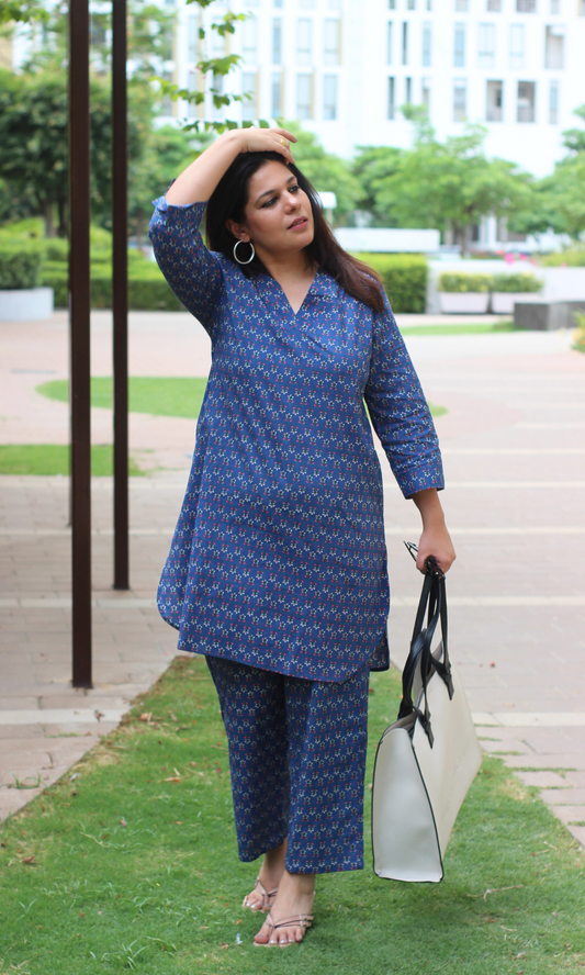 Cotton Indigo Bloom Pathani Style Kurta & Pants
