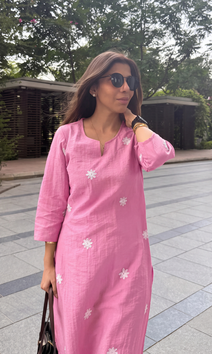 Pink Flower Embroidered Kurta