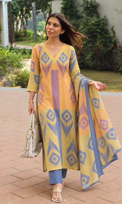 Saffron & Periwinkle Linen Blend Kurta, Dupatta & Cotton Pants