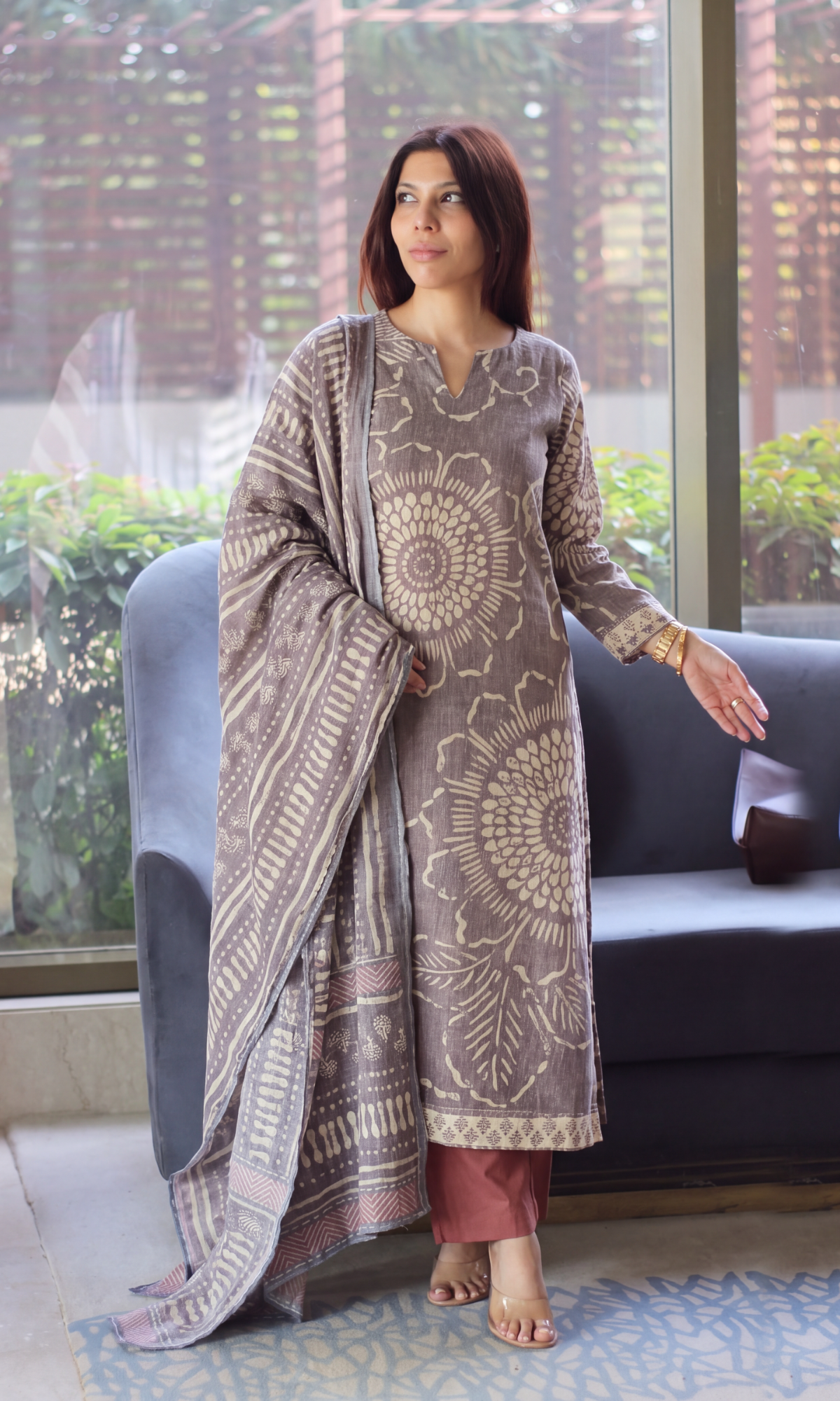 Dune Cocoa Linen Blend Kurta, Dupatta & Cotton Pants