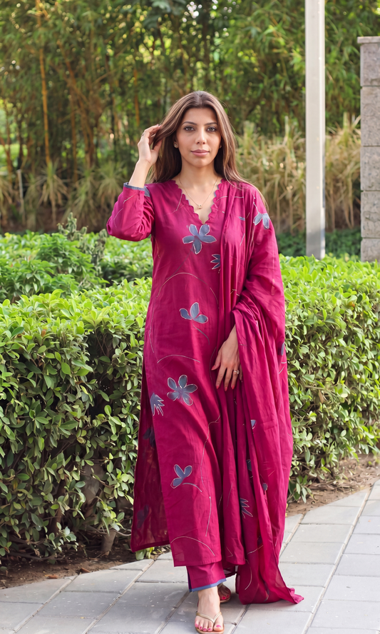 Berry & Blue Cotton Handbrush Painted Kurta, Dupatta & Cotton Pants