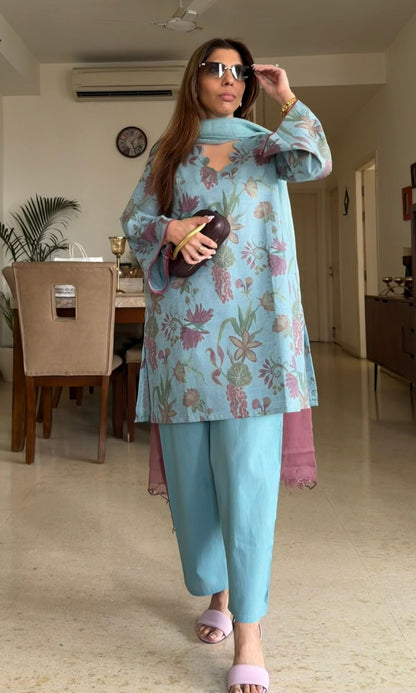 Bluebell Bloom Linen Blend Kurta, Cotton Pants & Kota doria Ombré Dupatta