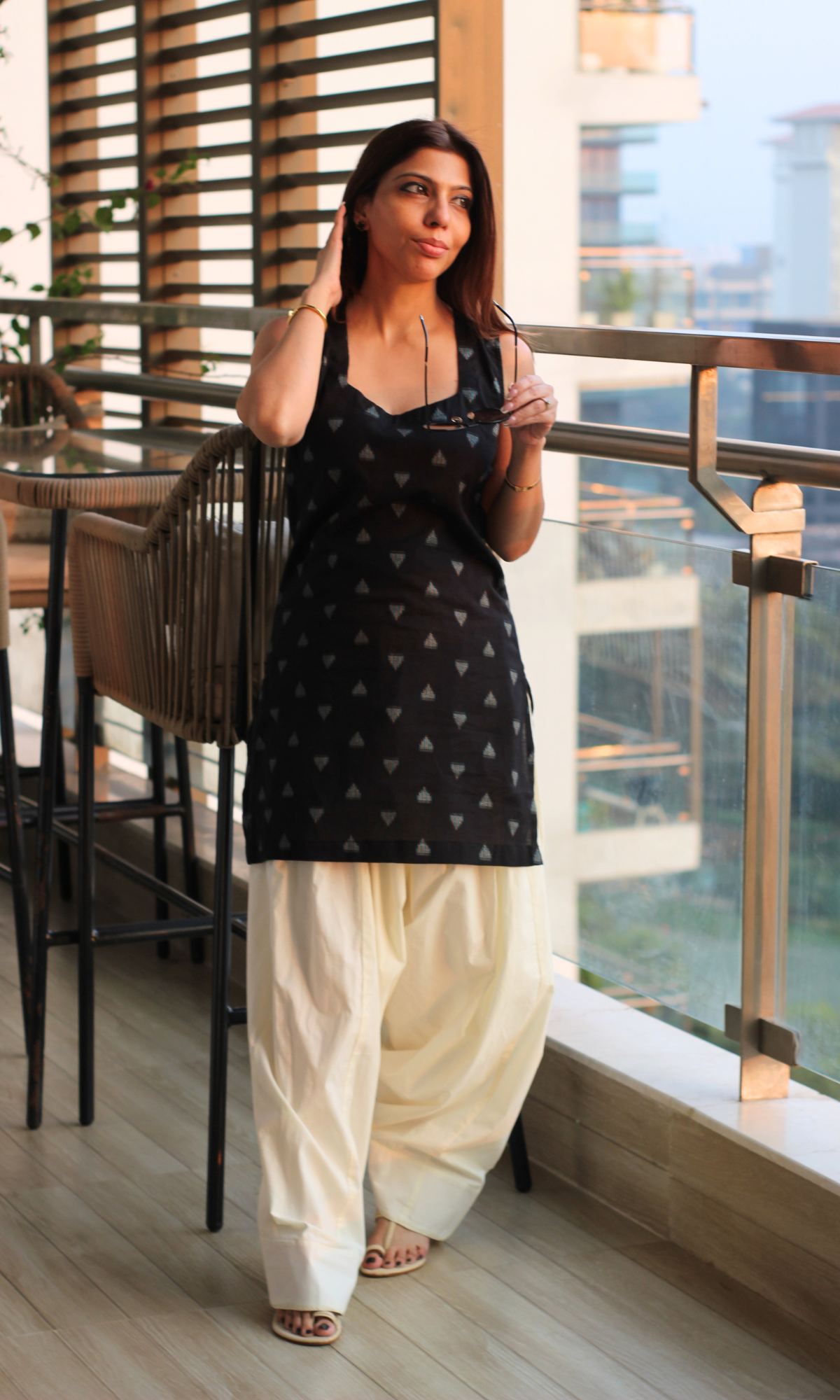 Black Square Neck Ikat Kurta with Cotton Farshi