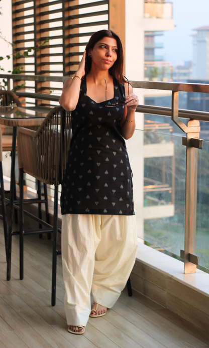 Black Square Neck Ikat Kurta with Cotton Farshi