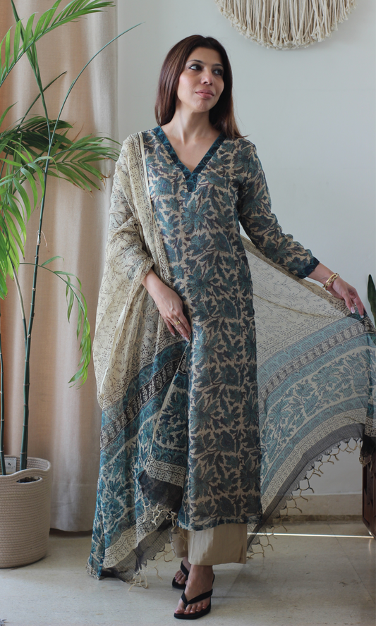 Kota Doria Kalamkari Beige & Teal Kurta and Dupatta with Cotton Pants