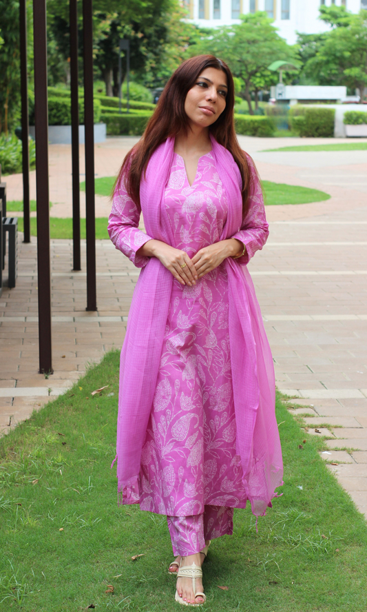 Pink Paisley Printed Cotton Kurta, Pant & Kota Doria Dupatta