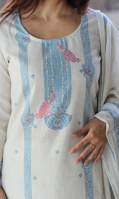 Linen Blend Off White Woven Kurta , Dupatta & Linen Blend Pants