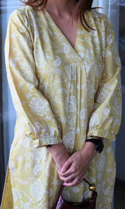 Lemon Paisley Pleated Kurta with Pants